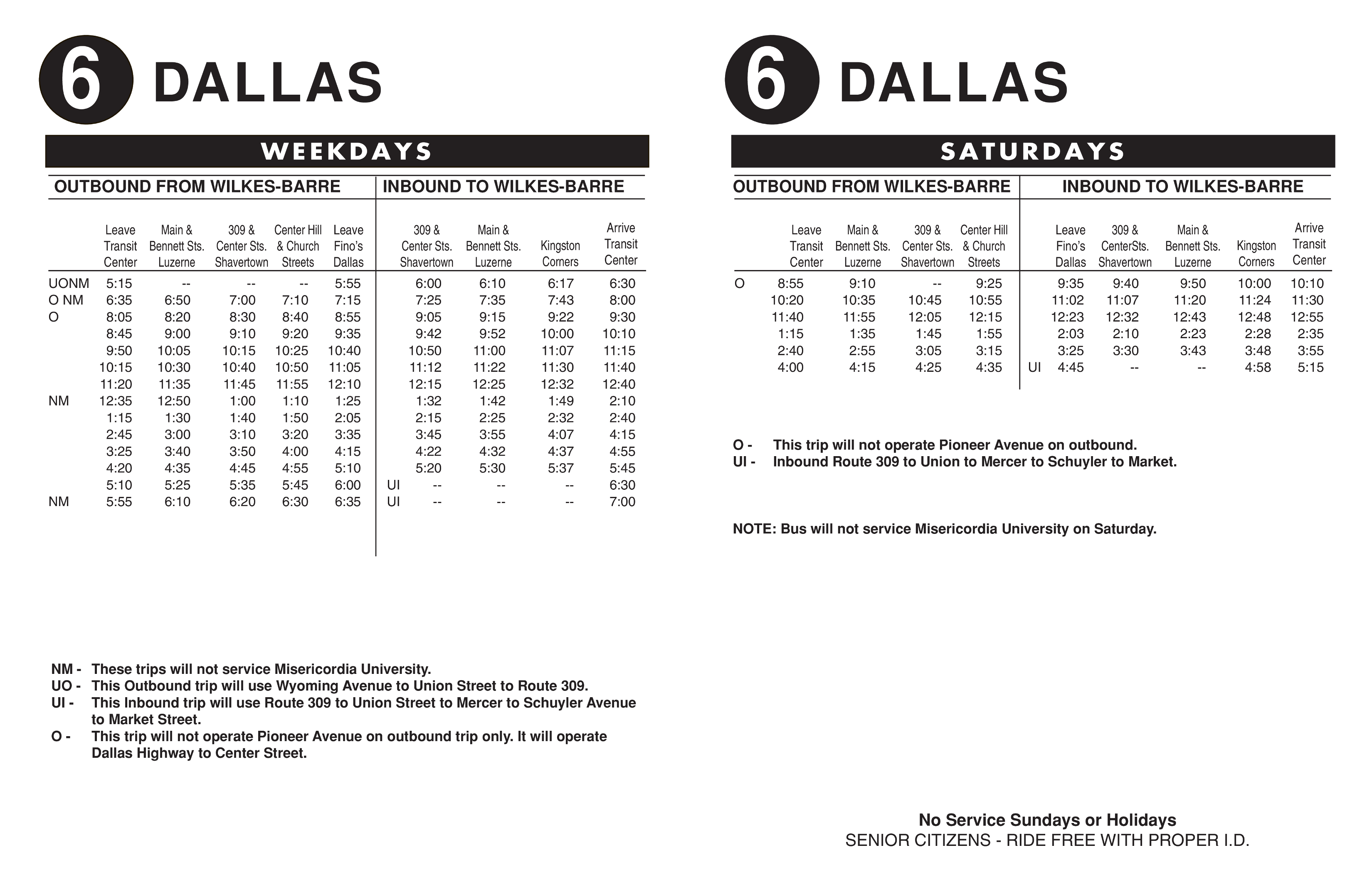 Route 6 departure tables.