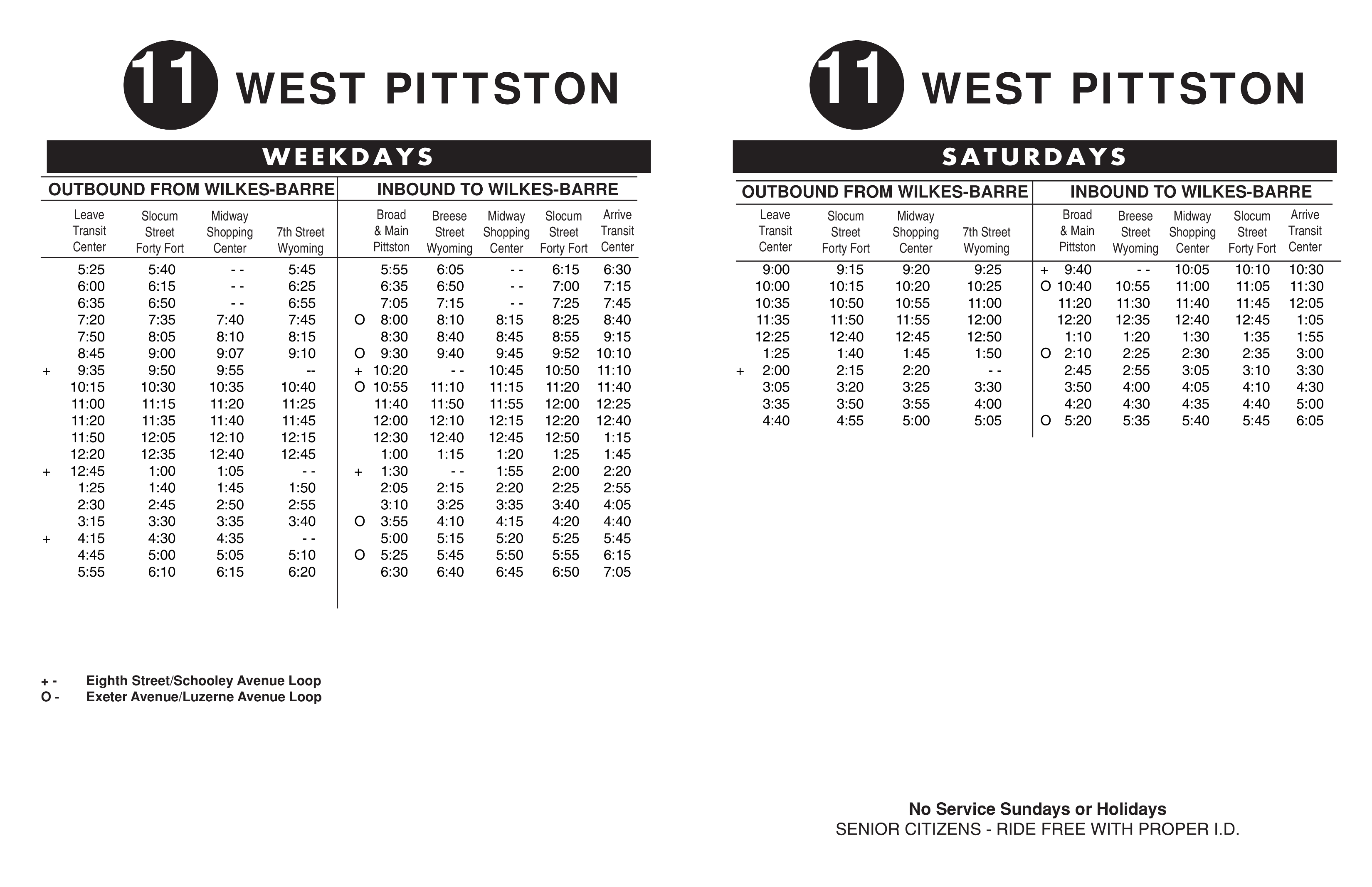 Route 11 departure tables.