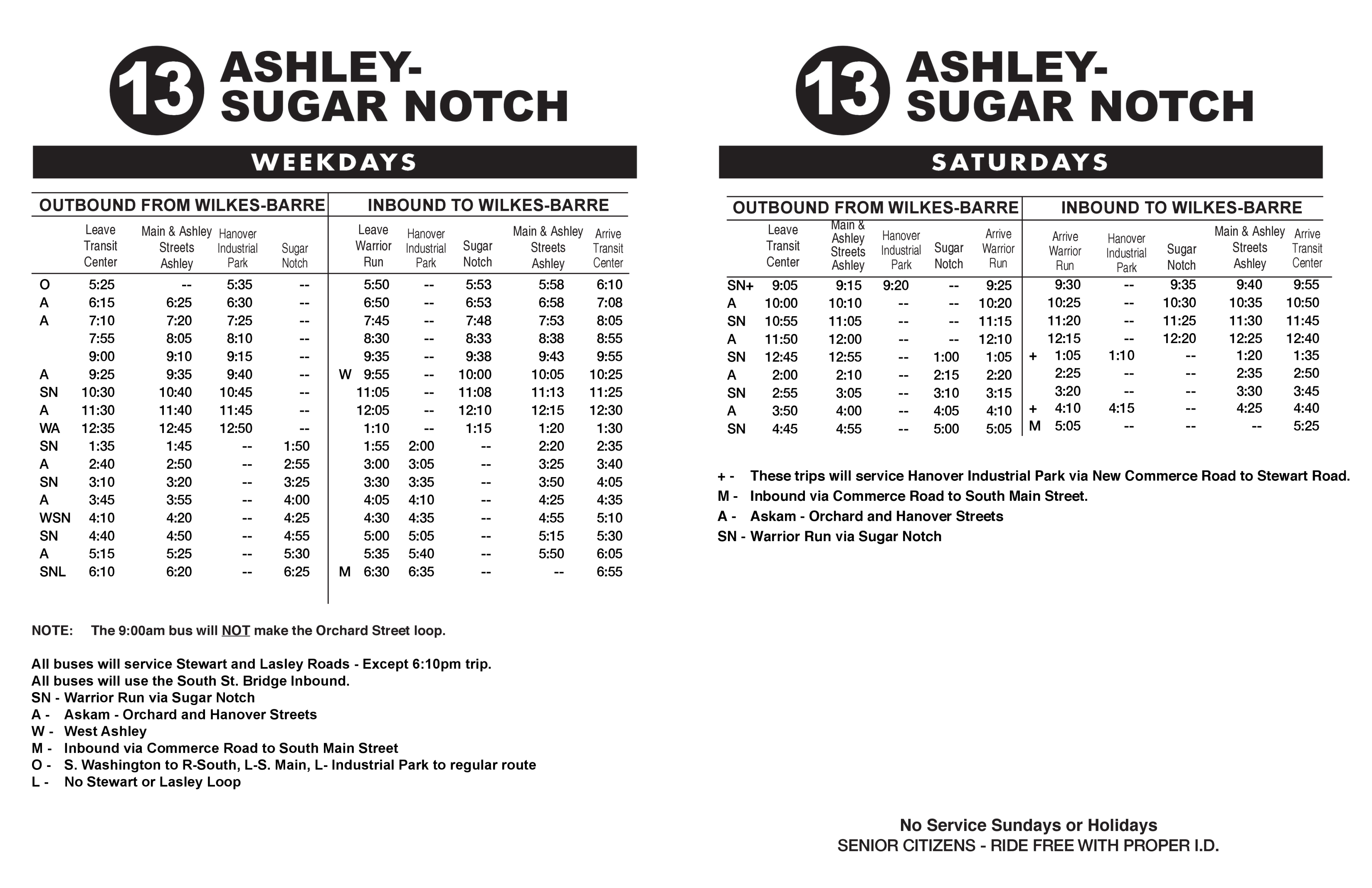 Route 13 departure tables.