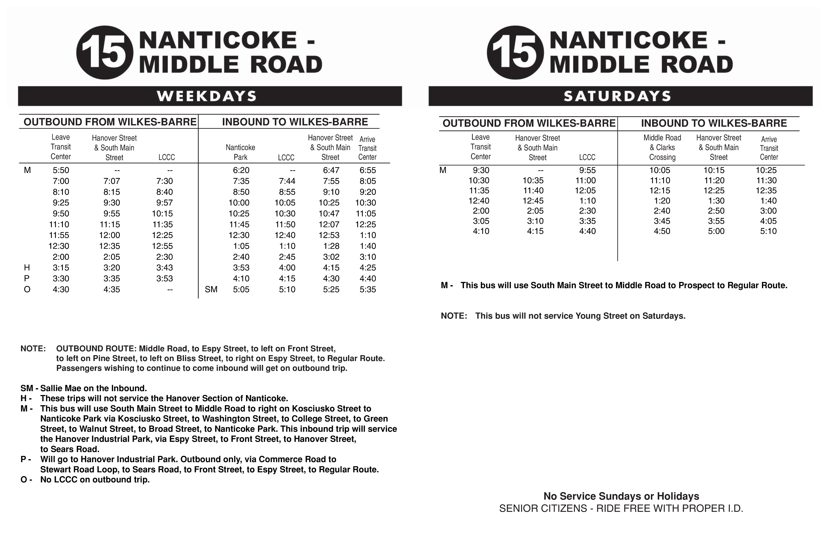 Route 15 departure tables.