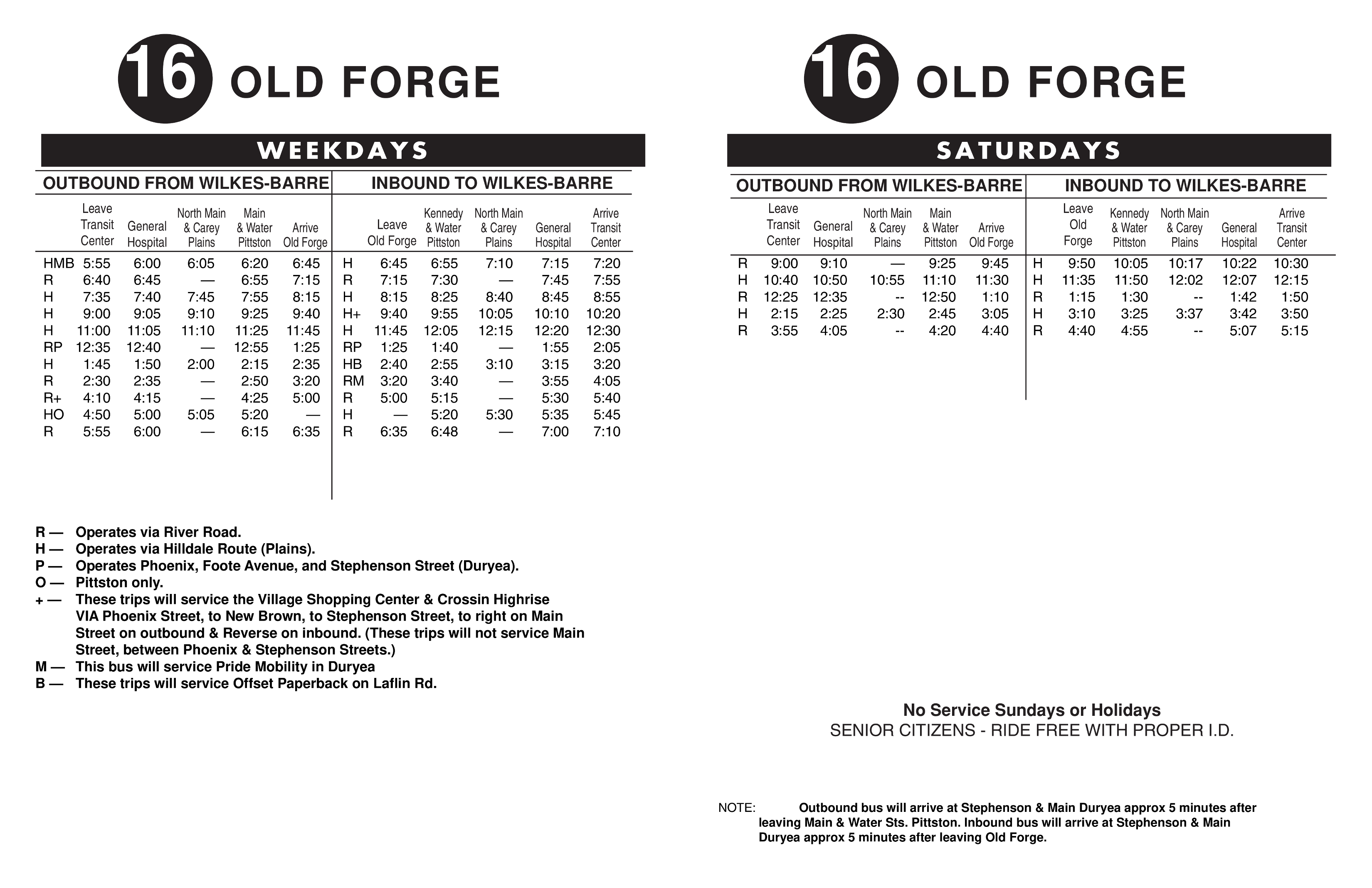 Route 16 departure tables.