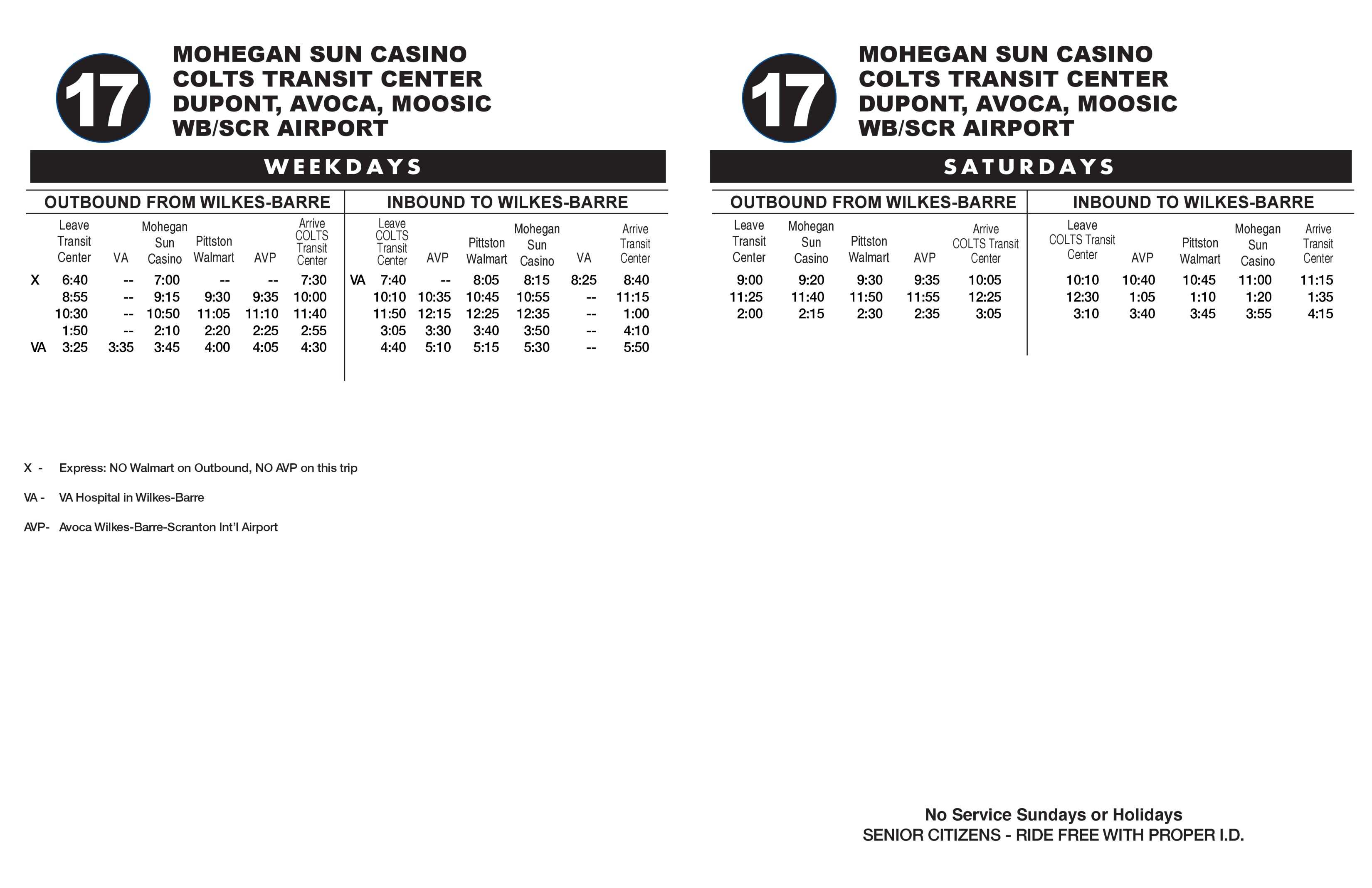 Route 17 departure tables.