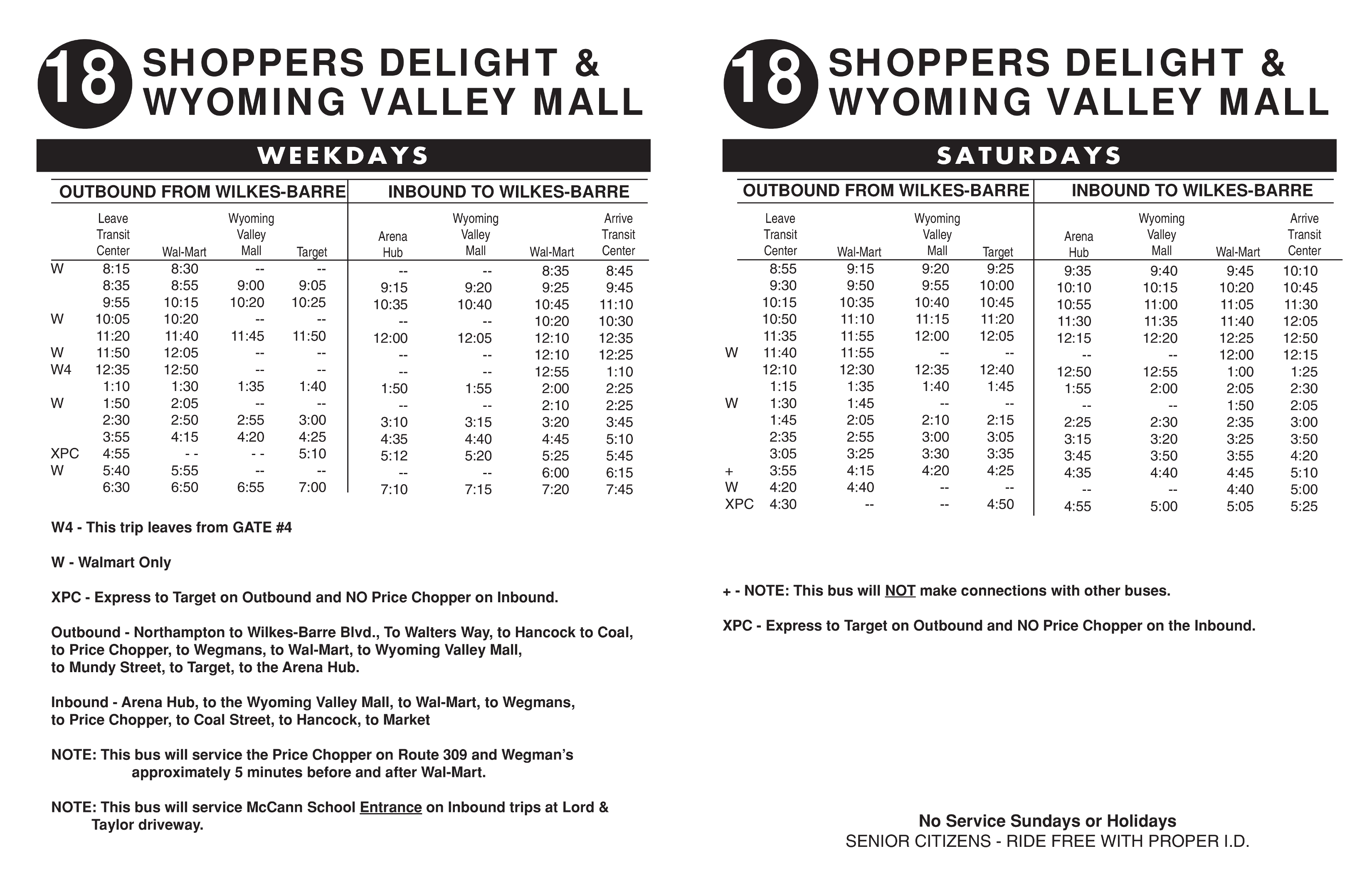 Route 18 departure tables.