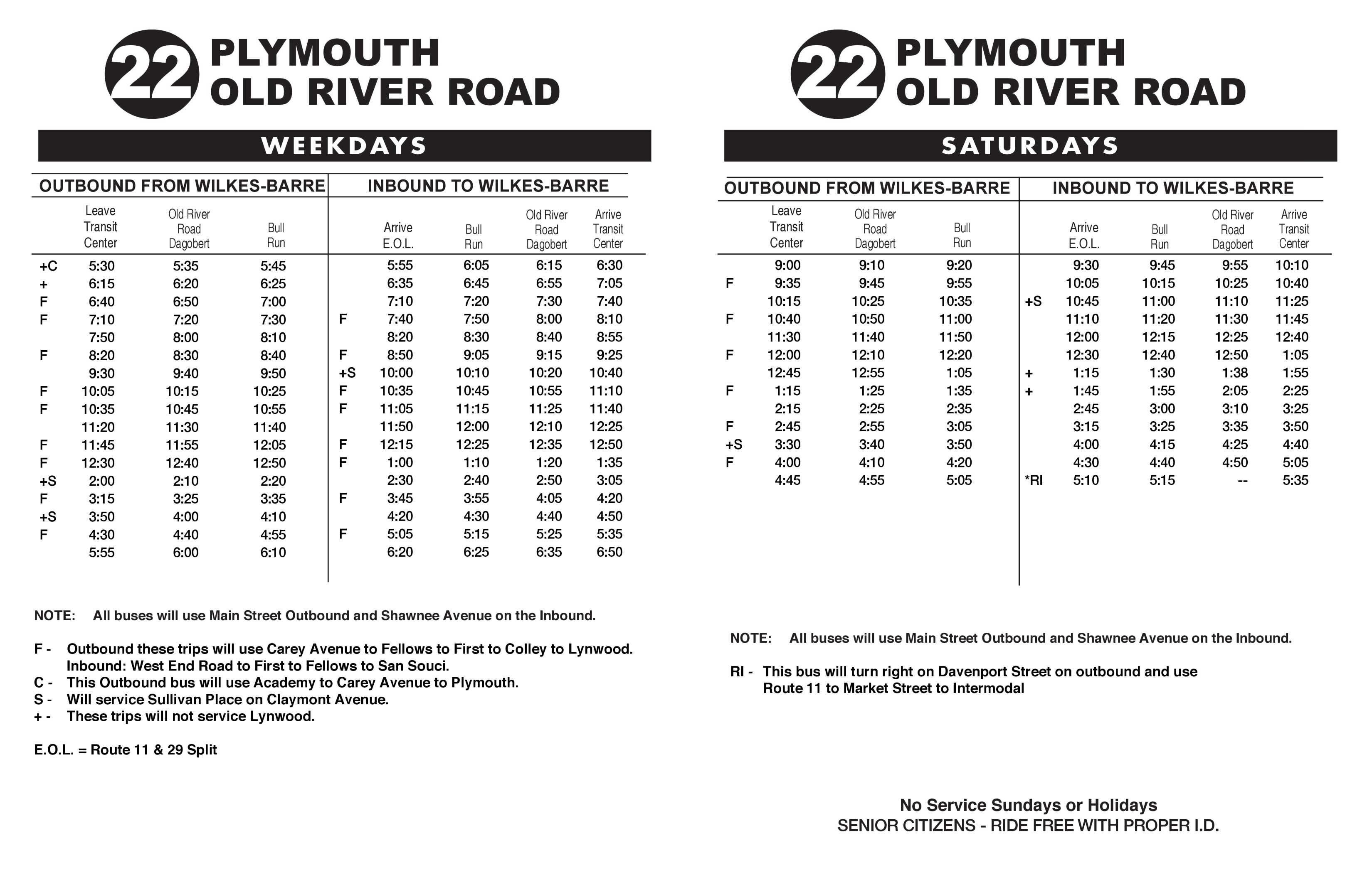 Route 22 departure tables.