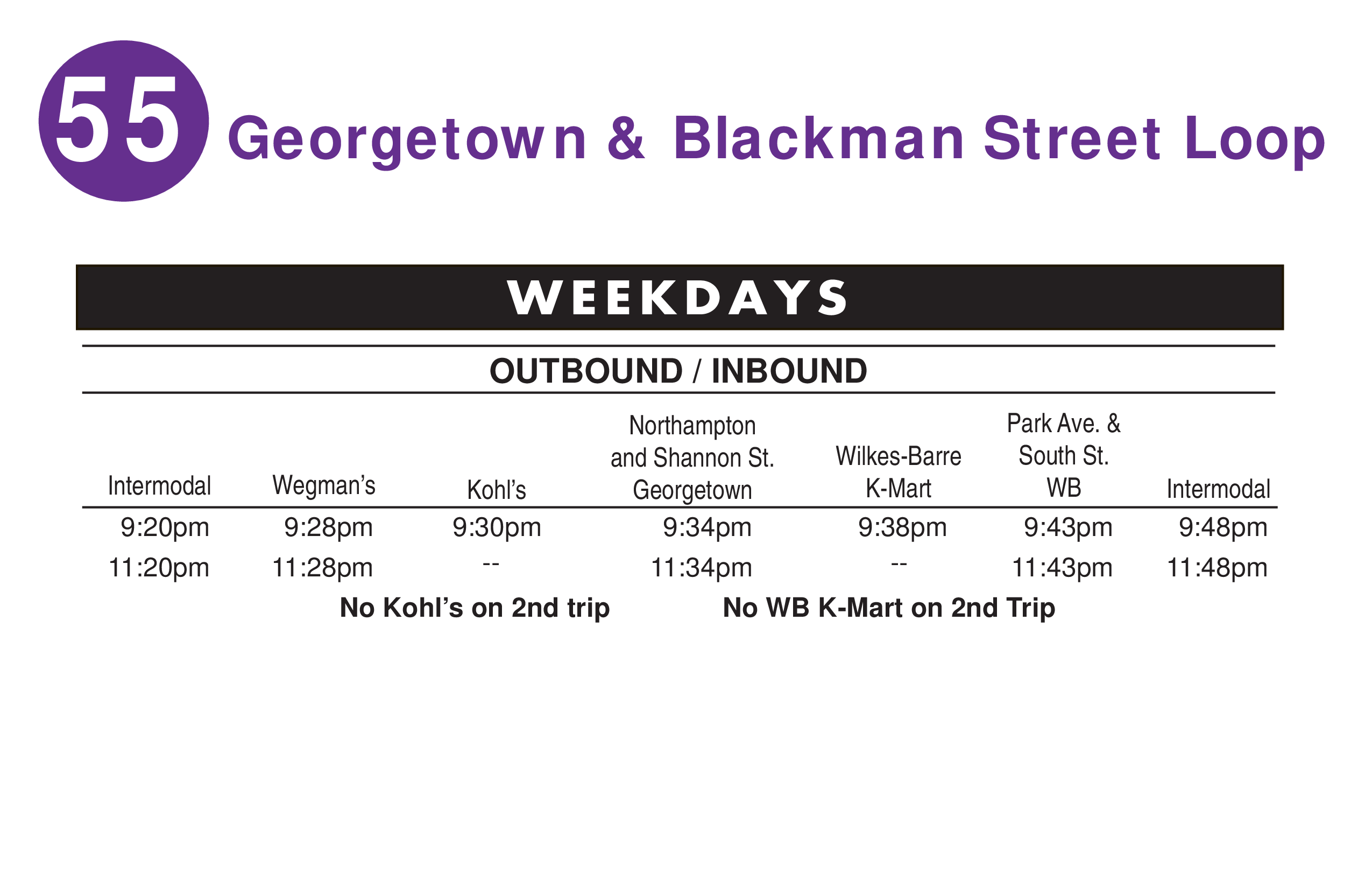 Route 55 departure tables.