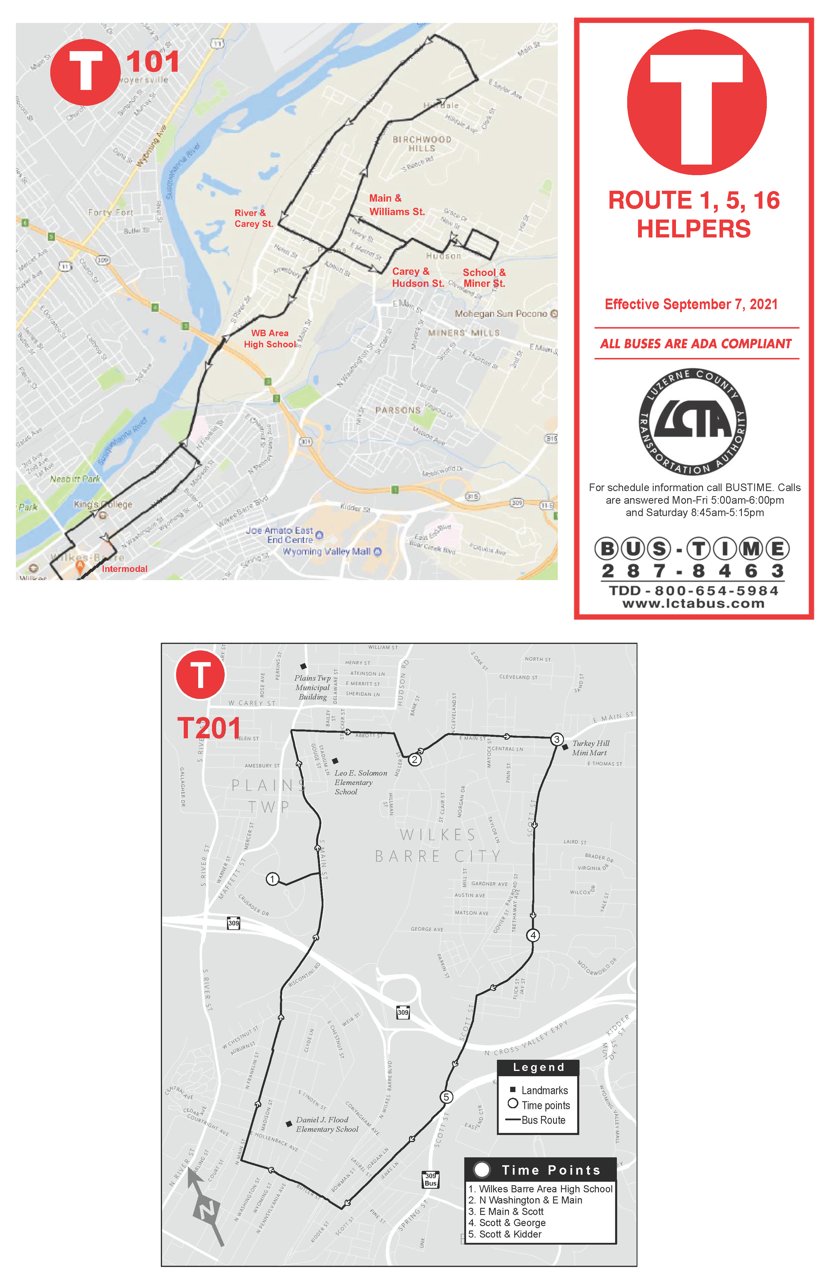 Map of T101 and T201, Route Helpers for Routes 1, 5, and 16.