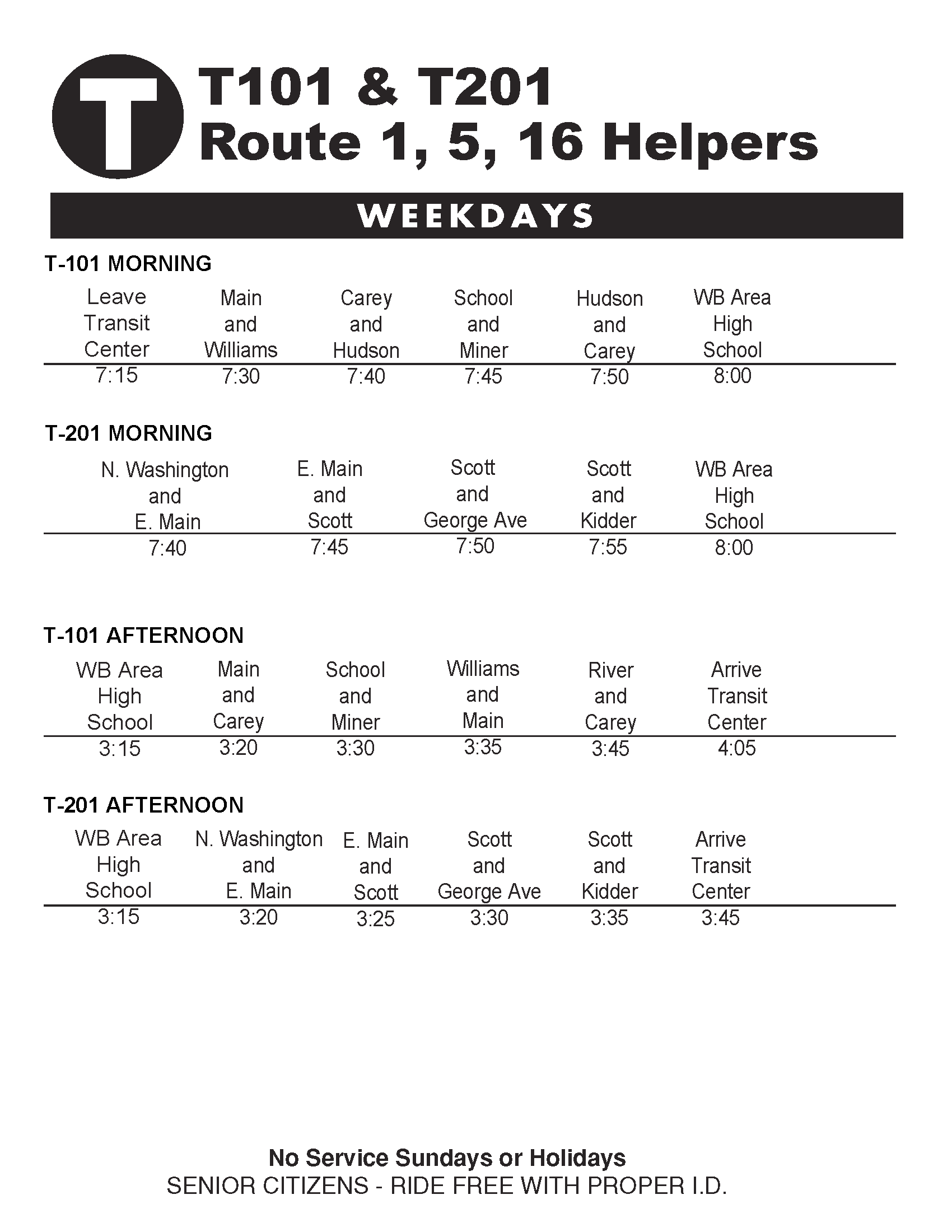 Departure Table for T101 and T201, Route Helpers for Routes 1, 5, and 16.