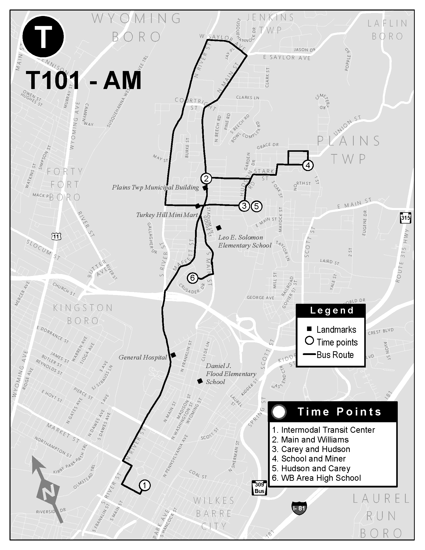 Map of T101 AM Route